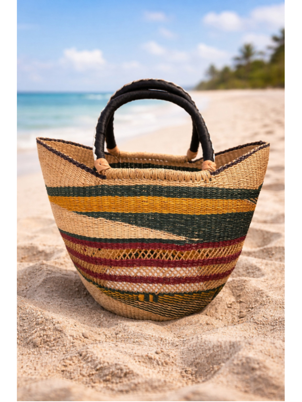 Authentic Ghana Bolga Basket Bag Handwoven Market Tote Leather Handle Large